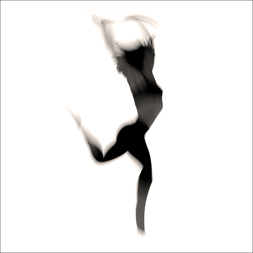 A silhouette of a person captured mid-air in a dynamic dance pose, with one leg extended and arms raised. The motion blur adds a sense of movement against a white background.