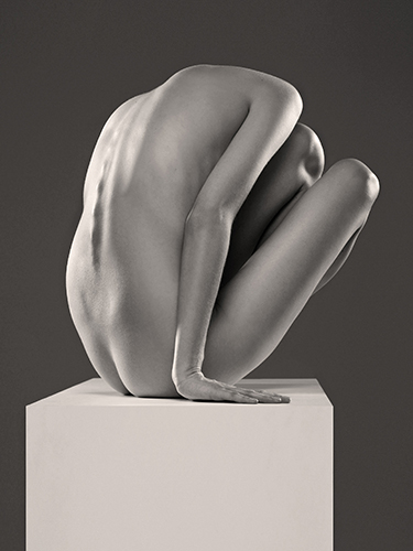 Image of a female sitting nude on a pedestal, curled inward with knees tucked to the chest and head down, creating an abstract form against a plain gray background.